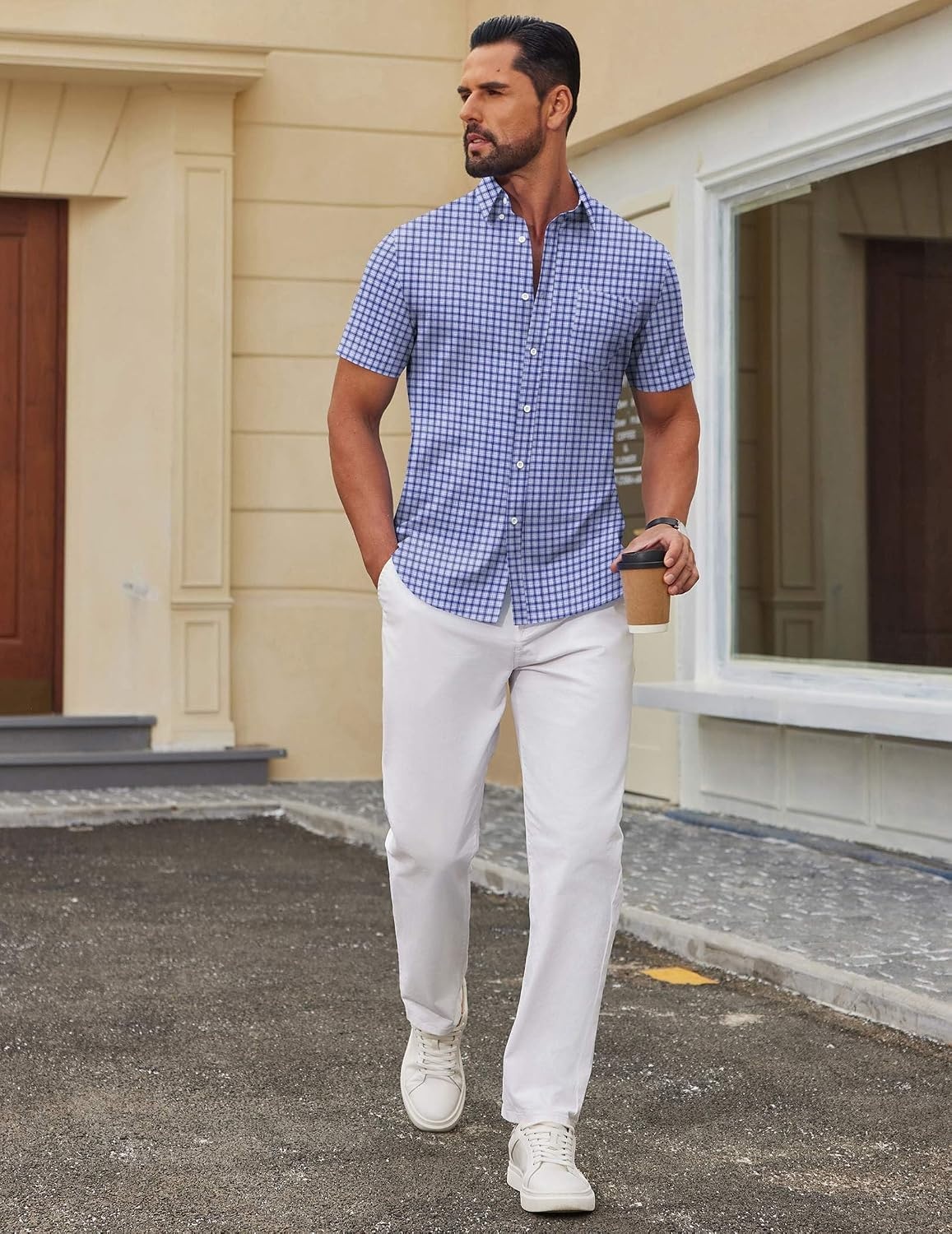 image:imageCOOFANDY Mens Short Sleeve Oxford Shirt Plaid Casual Button Down Shirts Summer Untucked Dress Shirt with PocketNavy Blue White Plaid