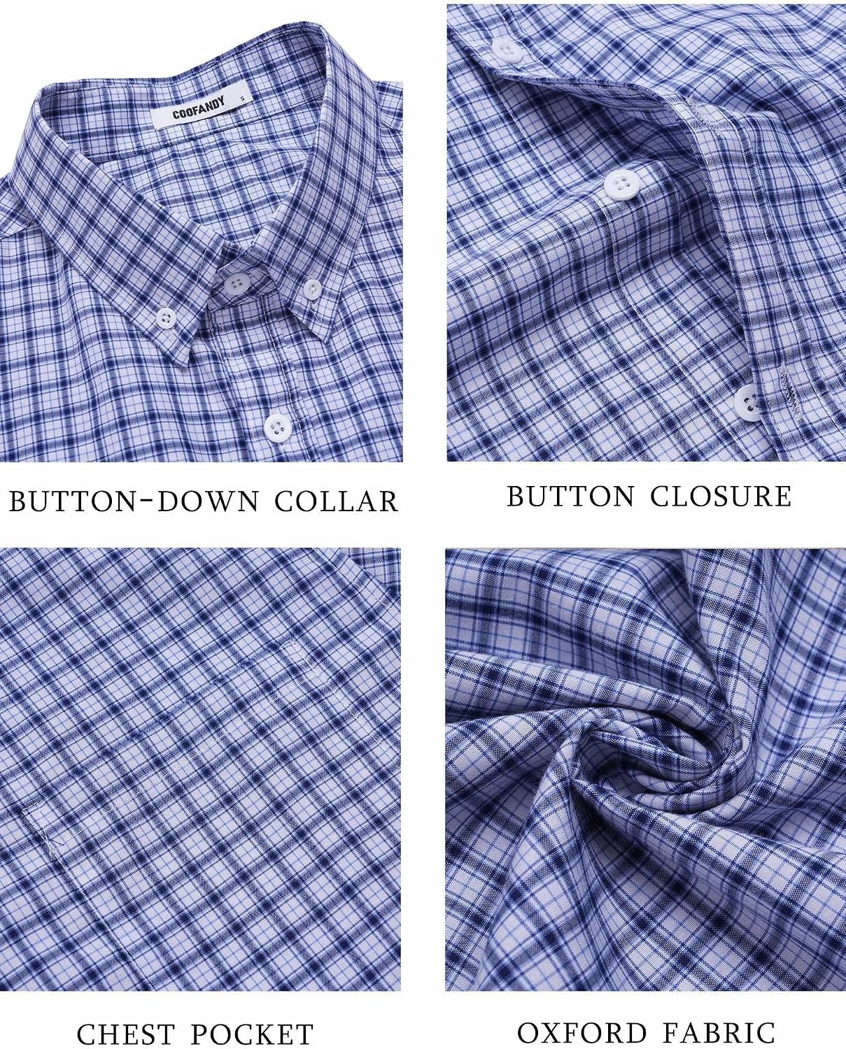 image:imageCOOFANDY Mens Short Sleeve Oxford Shirt Plaid Casual Button Down Shirts Summer Untucked Dress Shirt with PocketNavy Blue White Plaid