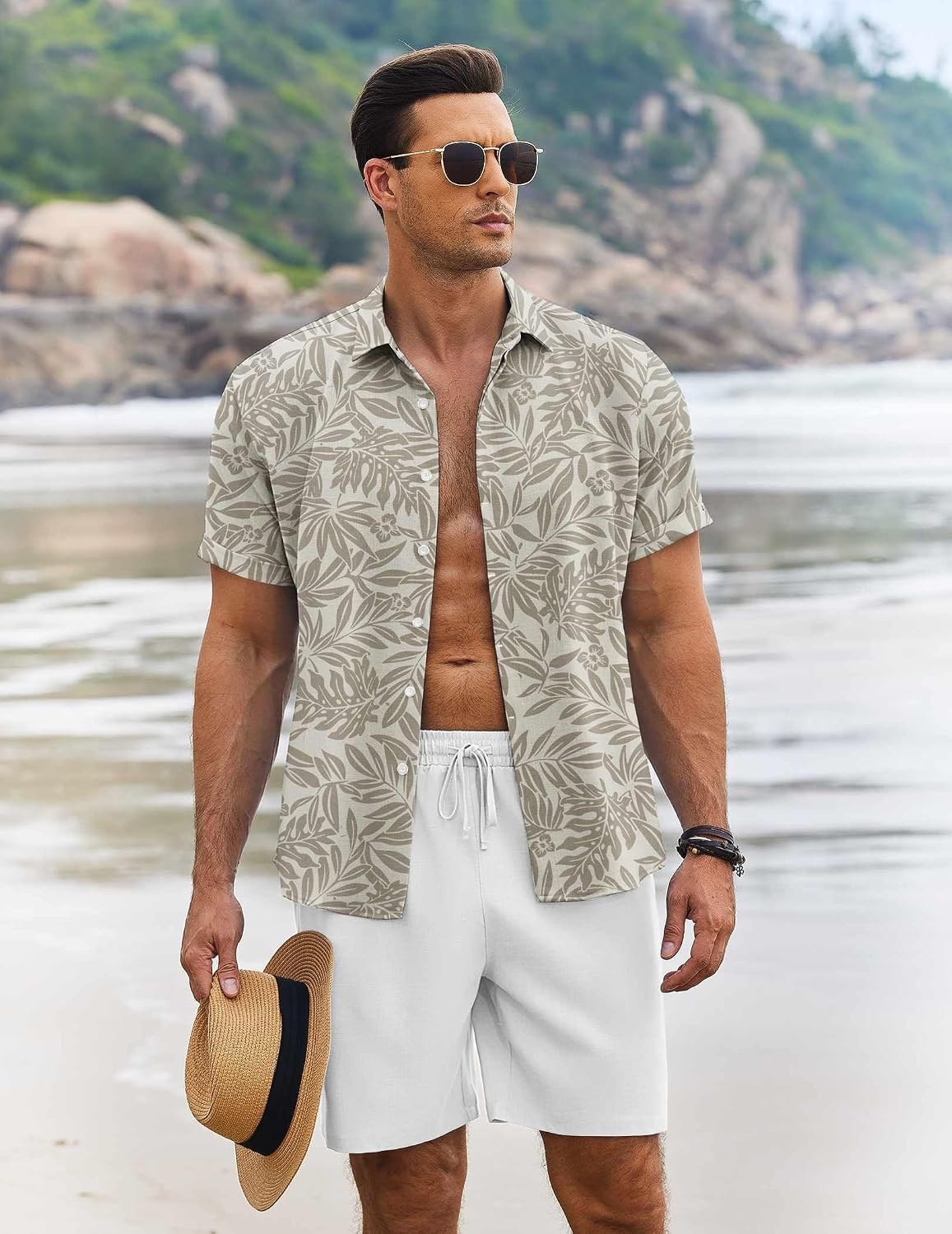 image:imageCOOFANDY Mens Summer Beach Outfits 2 Piece Short Sleeve Shirts and Shorts Vacation Texture Linen Sets for MenBeige Leaf Flower