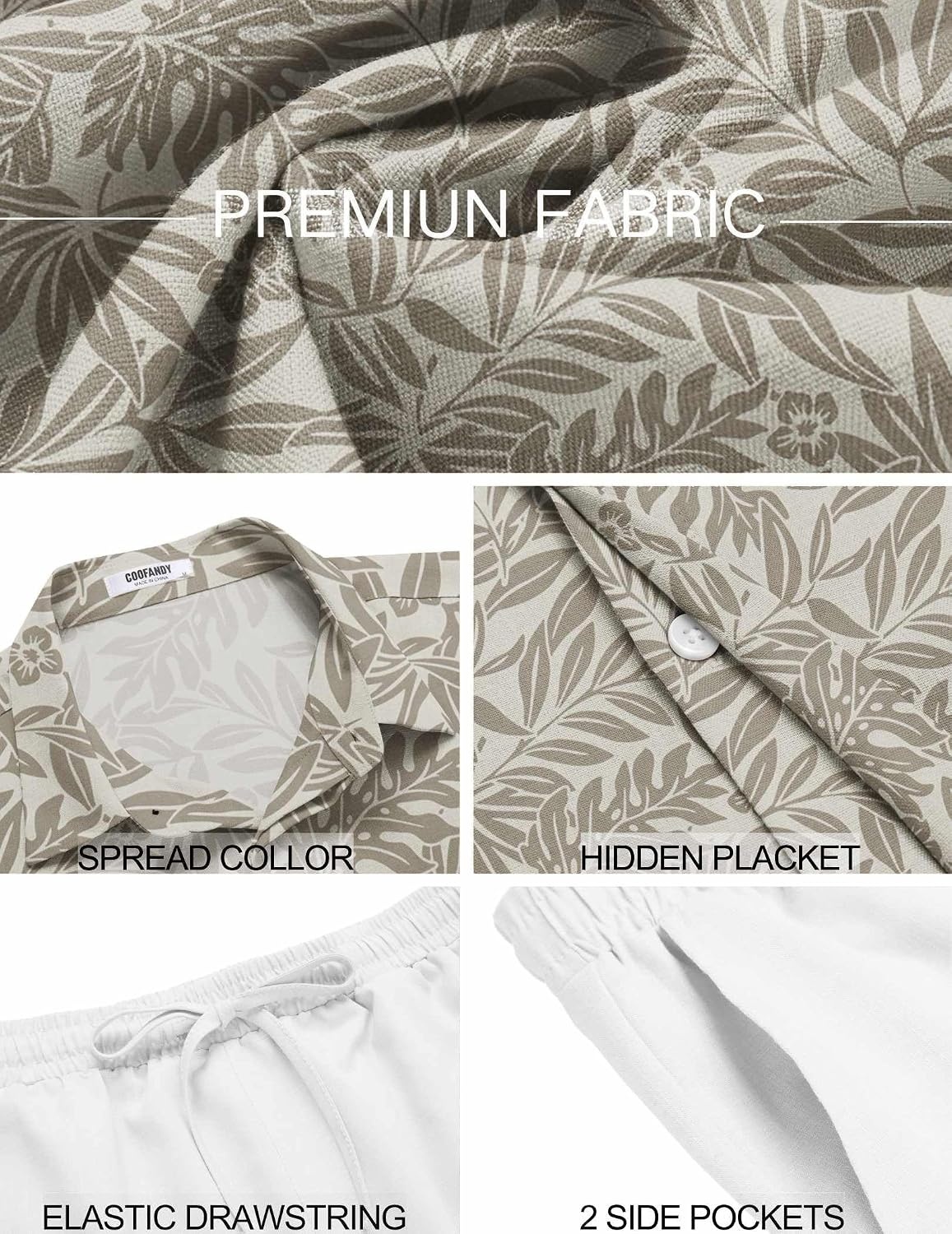 image:imageCOOFANDY Mens Summer Beach Outfits 2 Piece Short Sleeve Shirts and Shorts Vacation Texture Linen Sets for MenBeige Leaf Flower