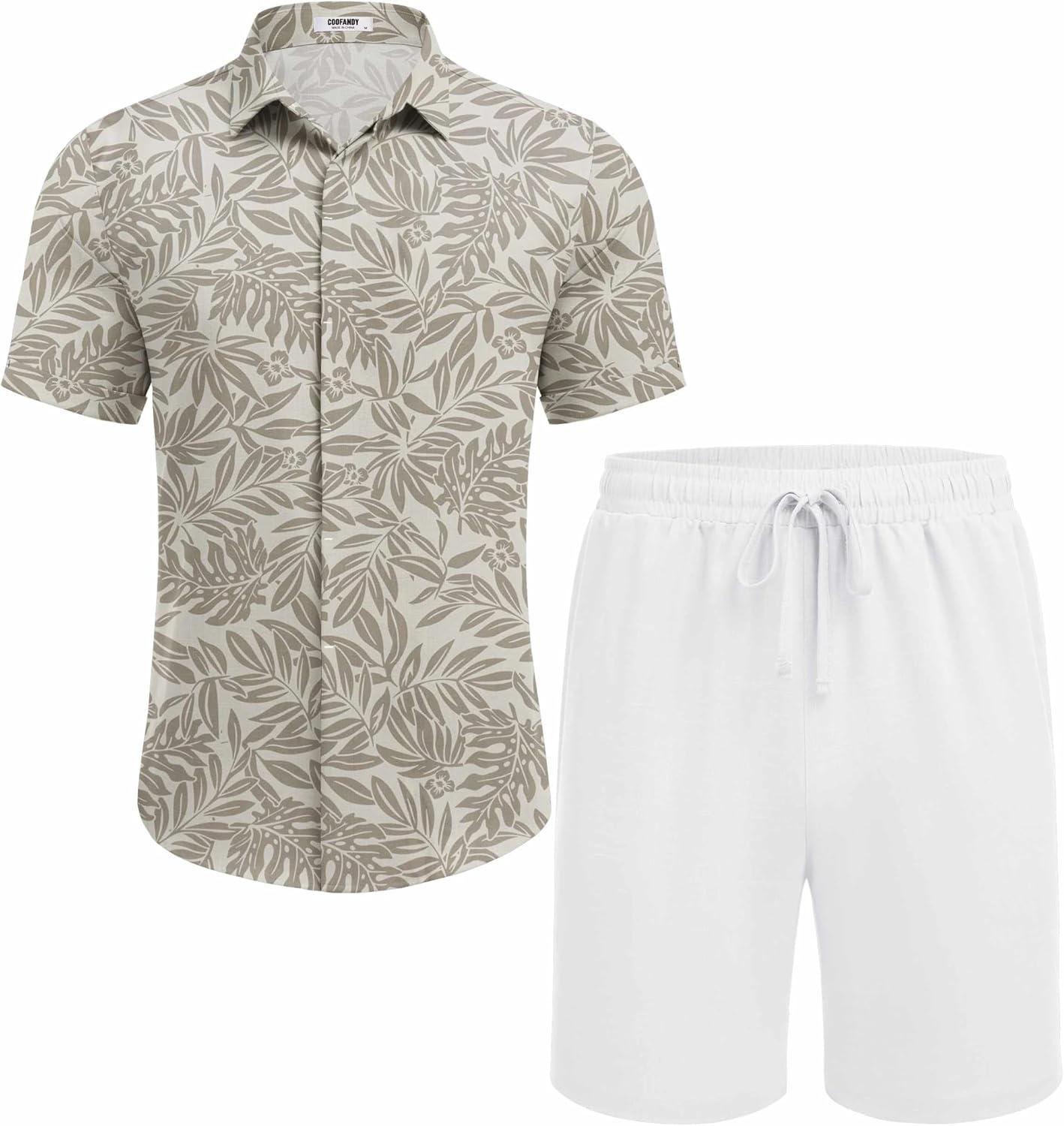 image:imageCOOFANDY Mens Summer Beach Outfits 2 Piece Short Sleeve Shirts and Shorts Vacation Texture Linen Sets for MenBeige Leaf Flower