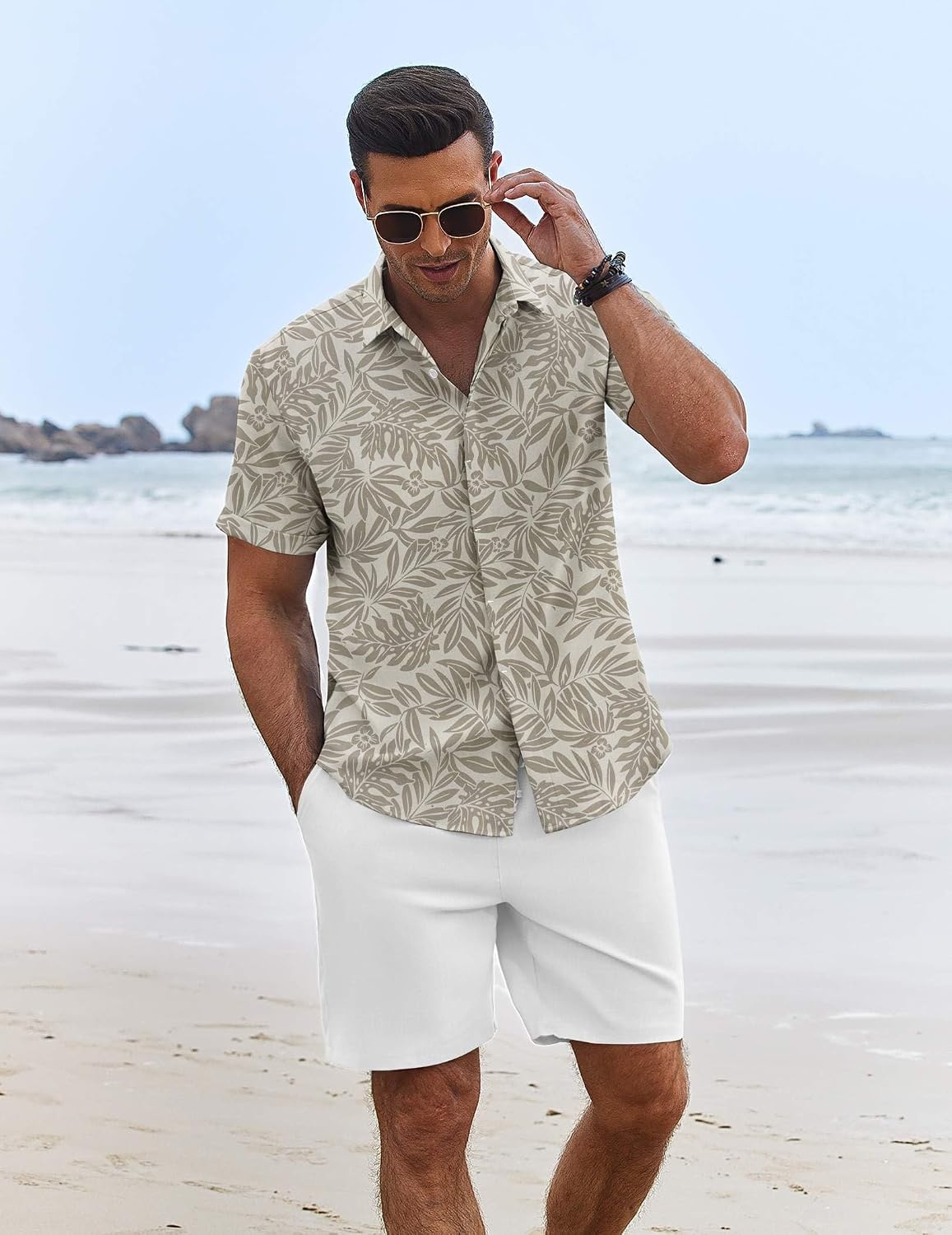image:imageCOOFANDY Mens Summer Beach Outfits 2 Piece Short Sleeve Shirts and Shorts Vacation Texture Linen Sets for MenBeige Leaf Flower