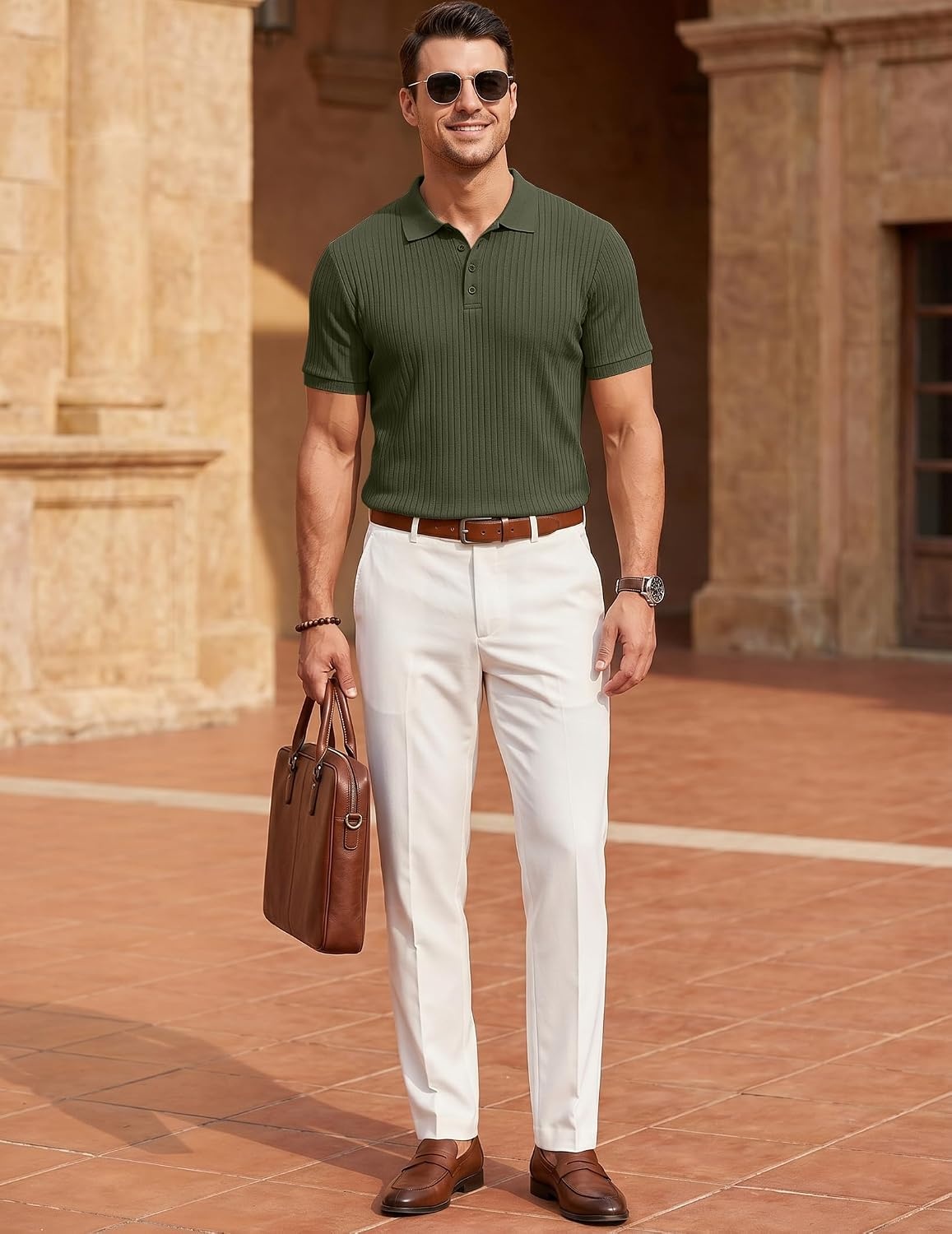 image:imageCOOFANDY Mens Textured Polo Sweater Casual Short Sleeve Sweaters Summer Slim Fit Golf SweaterArmy Green