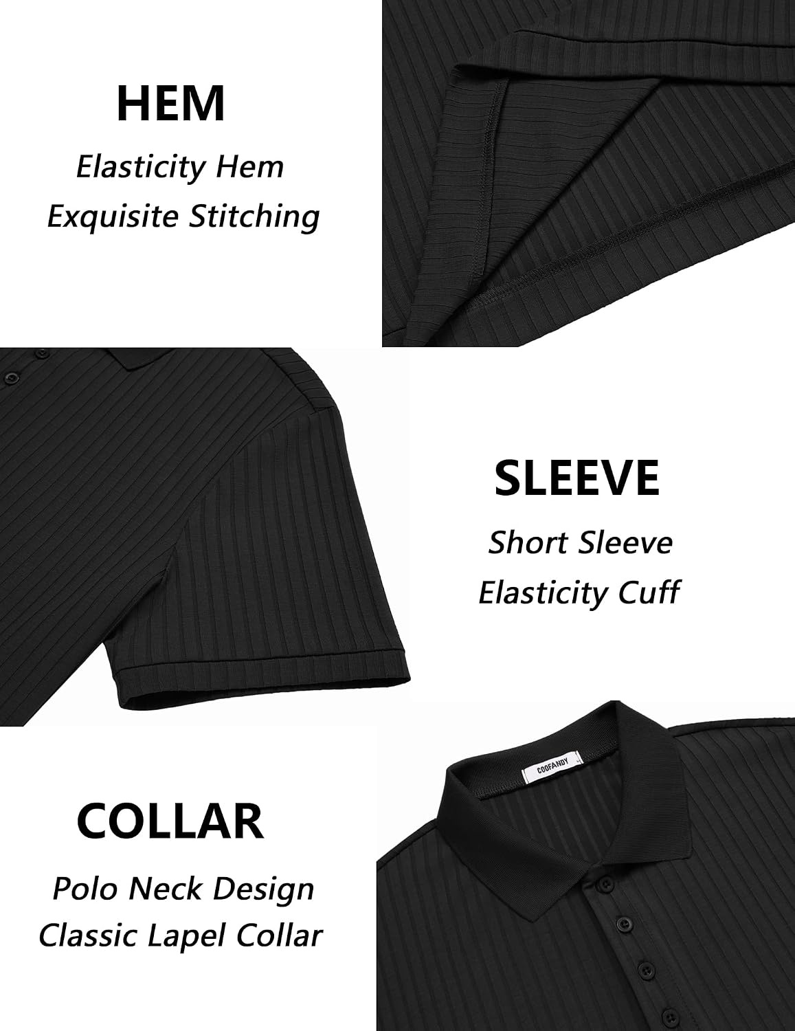 image:imageCOOFANDY Mens Textured Polo Sweater Casual Short Sleeve Sweaters Summer Slim Fit Golf SweaterBlack