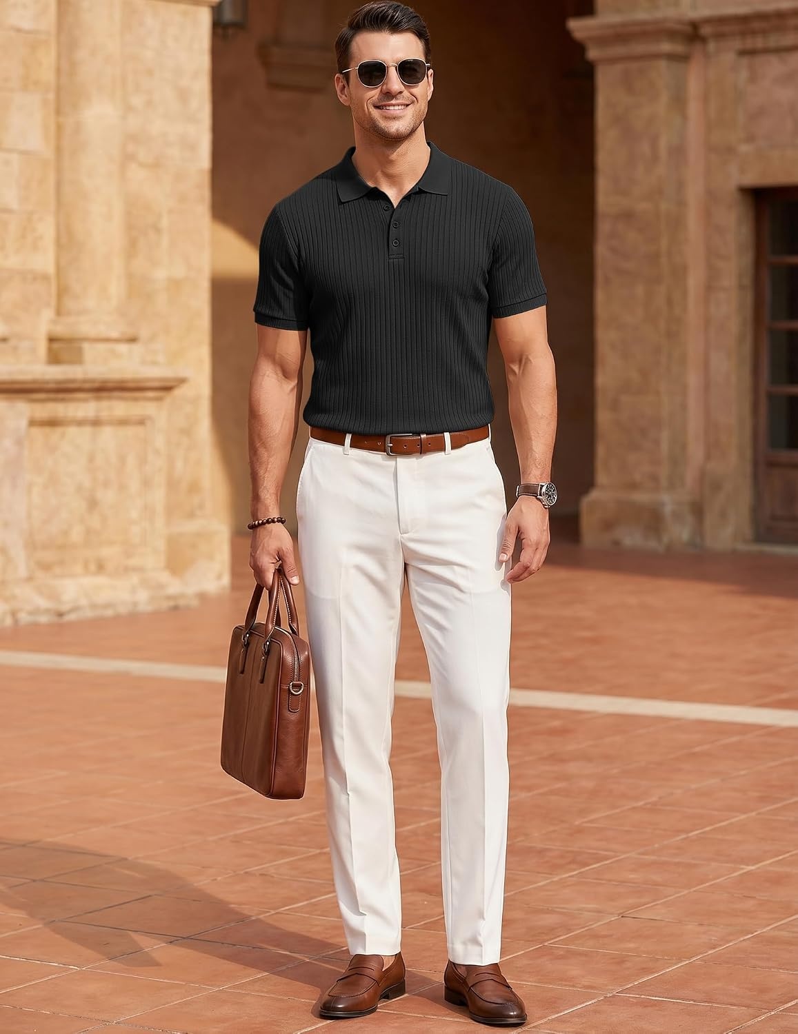 image:imageCOOFANDY Mens Textured Polo Sweater Casual Short Sleeve Sweaters Summer Slim Fit Golf SweaterBlack