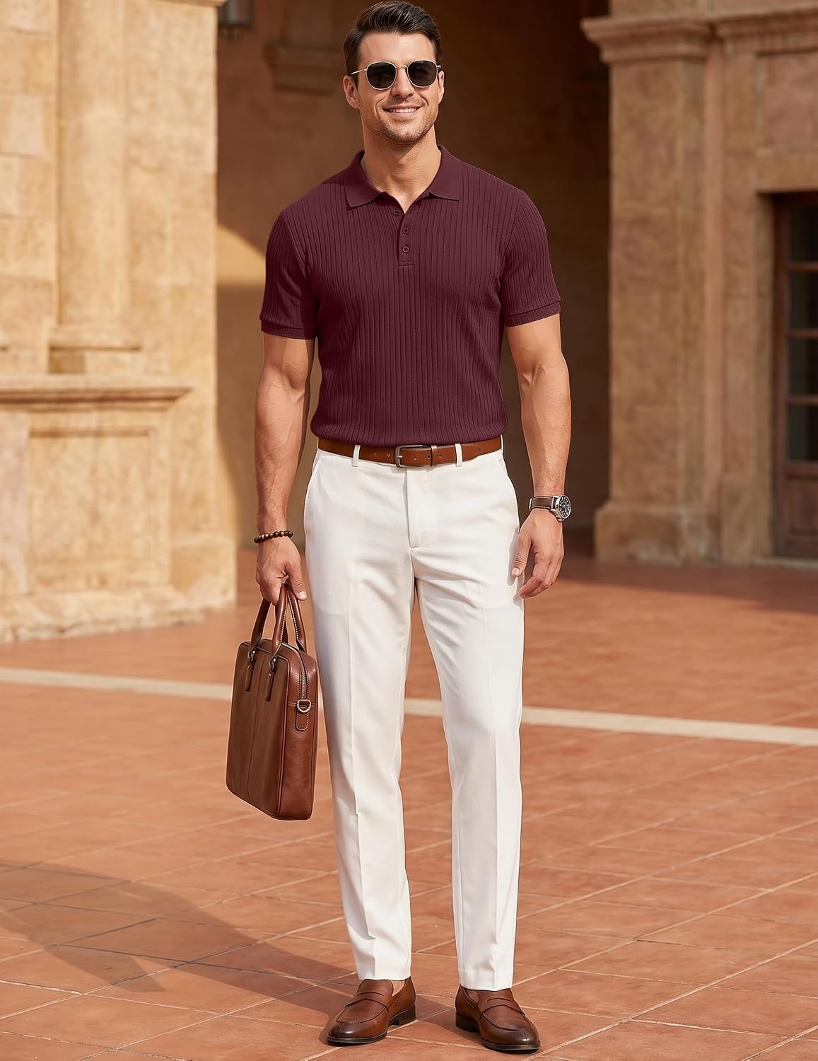 image:imageCOOFANDY Mens Textured Polo Sweater Casual Short Sleeve Sweaters Summer Slim Fit Golf SweaterDeep Red