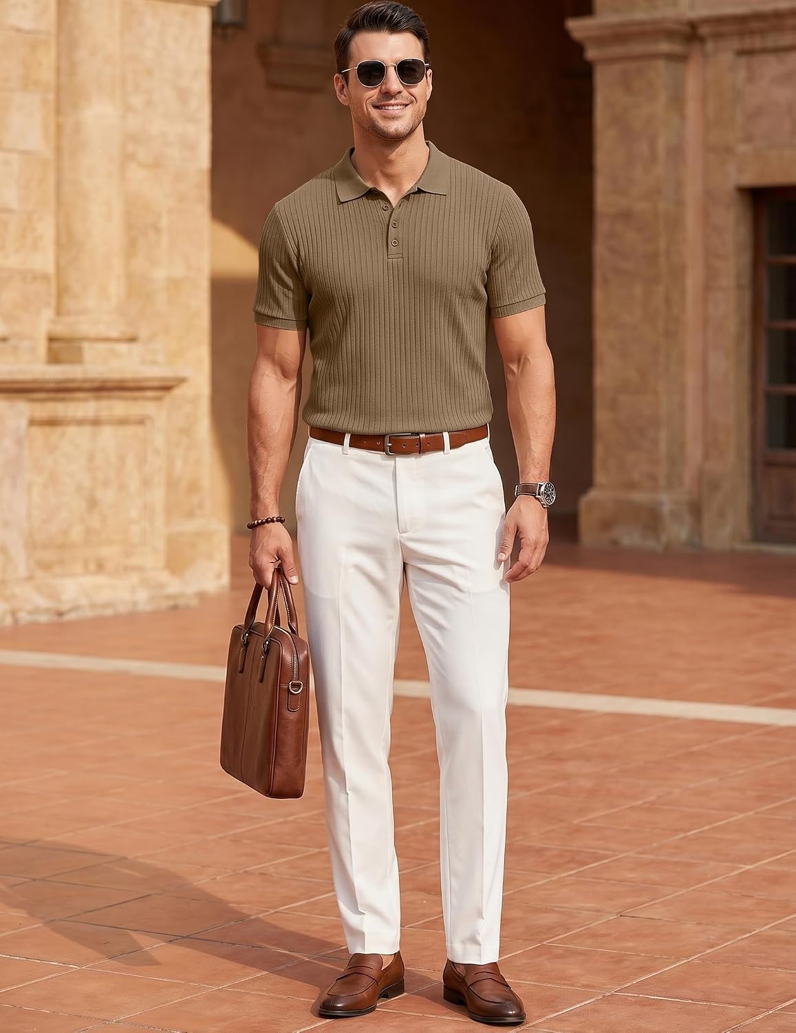 image:imageCOOFANDY Mens Textured Polo Sweater Casual Short Sleeve Sweaters Summer Slim Fit Golf SweaterKhaki