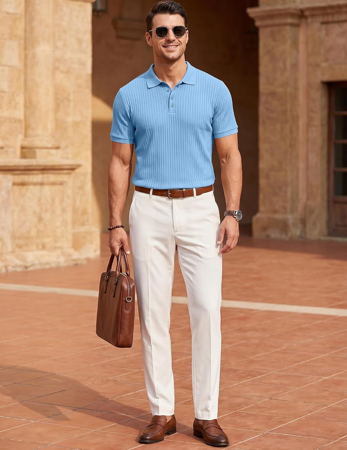image:imageCOOFANDY Mens Textured Polo Sweater Casual Short Sleeve Sweaters Summer Slim Fit Golf SweaterLight Blue