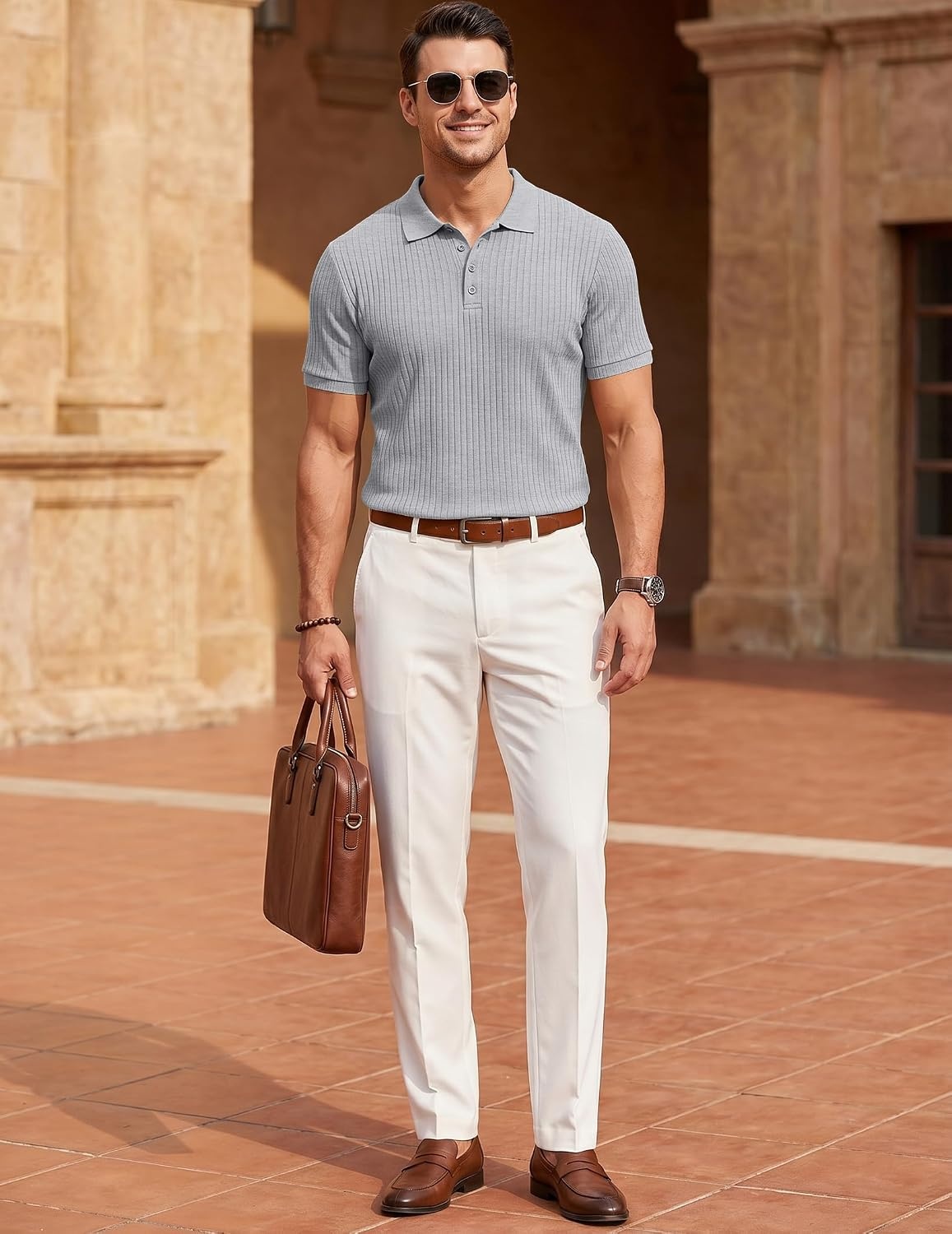image:imageCOOFANDY Mens Textured Polo Sweater Casual Short Sleeve Sweaters Summer Slim Fit Golf SweaterLight Grey