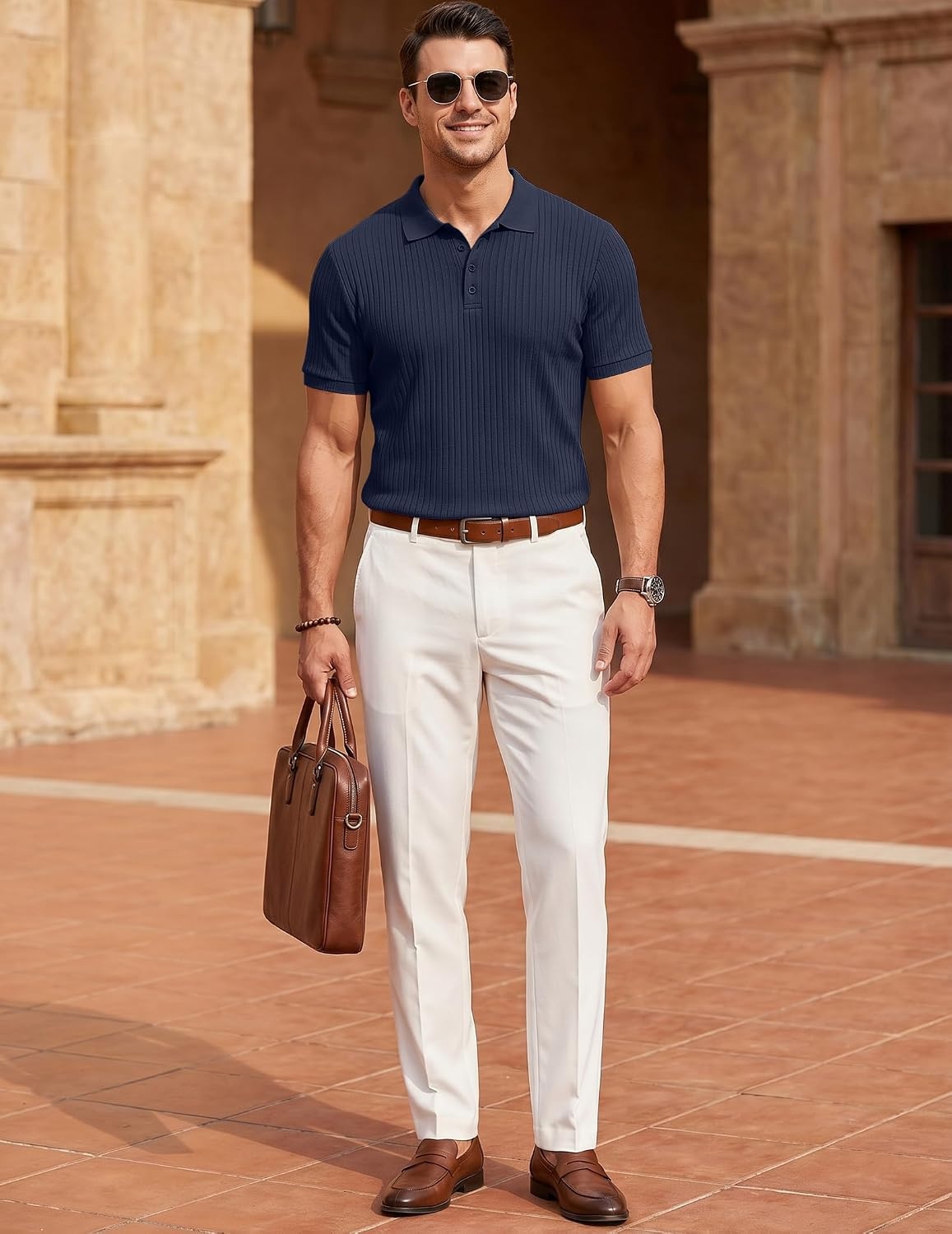 image:imageCOOFANDY Mens Textured Polo Sweater Casual Short Sleeve Sweaters Summer Slim Fit Golf SweaterNavy Blue