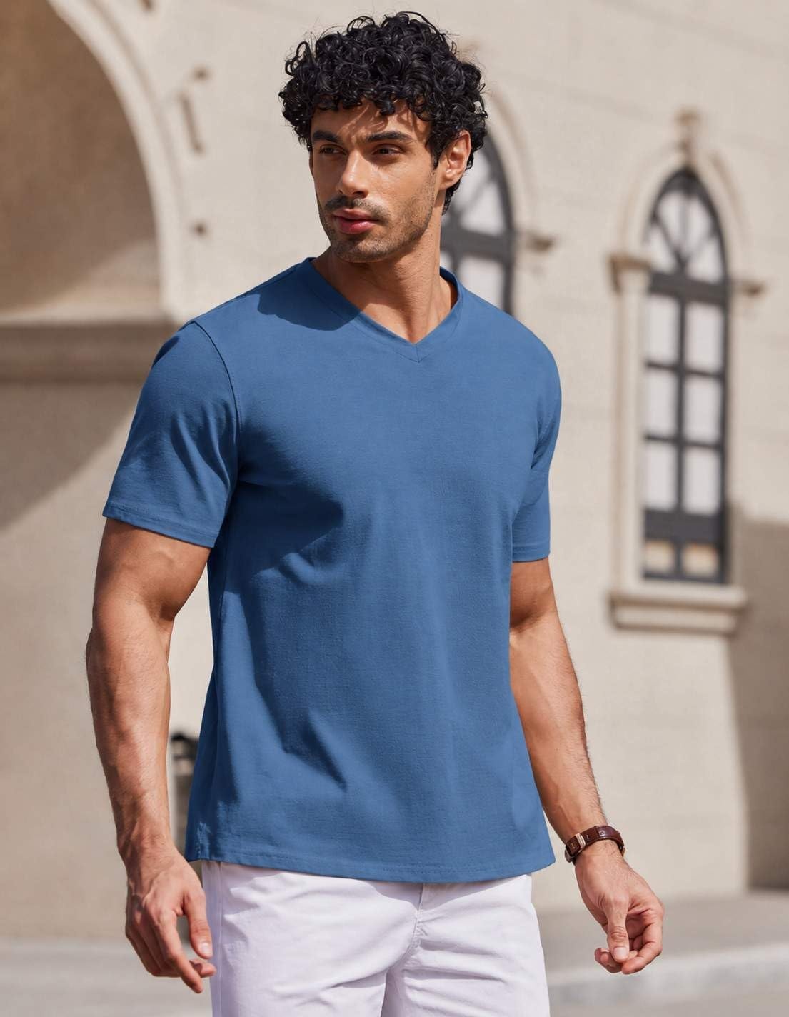 image:imageCOOFANDY Mens V Neck T Shirts 100 Cotton Tee Shirt Plain Short Sleeve Casual ShirtsDeep Blue