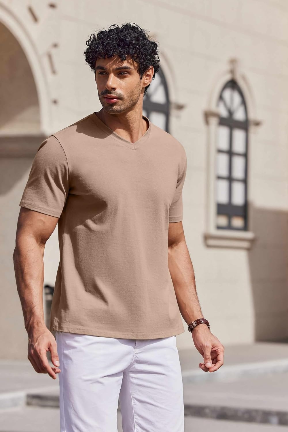 image:imageCOOFANDY Mens V Neck T Shirts 100 Cotton Tee Shirt Plain Short Sleeve Casual ShirtsKhaki