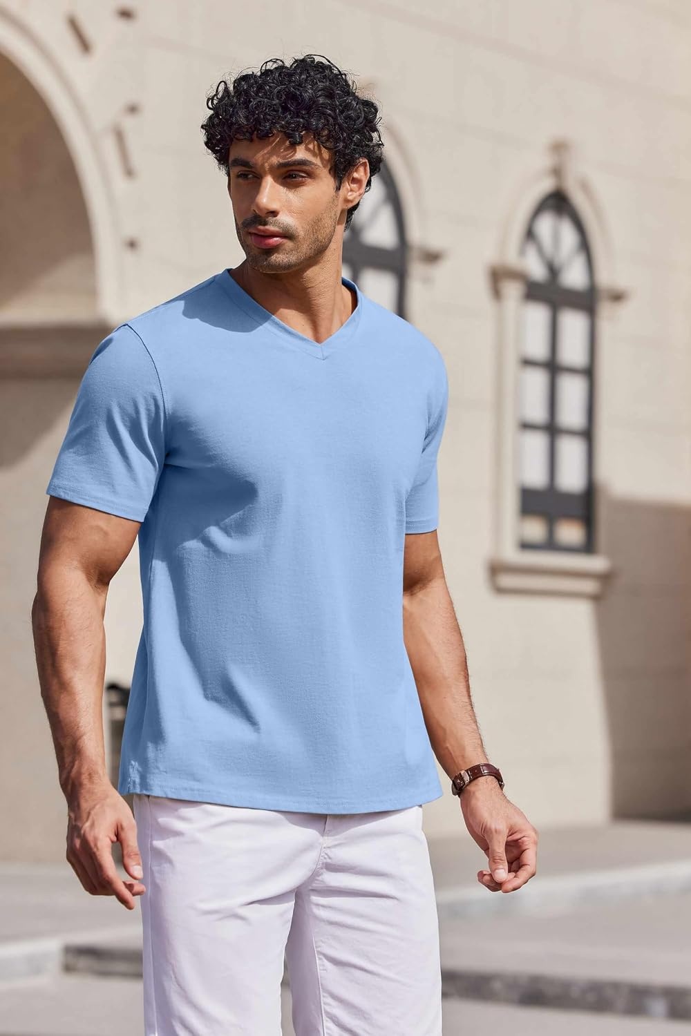 image:imageCOOFANDY Mens V Neck T Shirts 100 Cotton Tee Shirt Plain Short Sleeve Casual ShirtsLight Blue