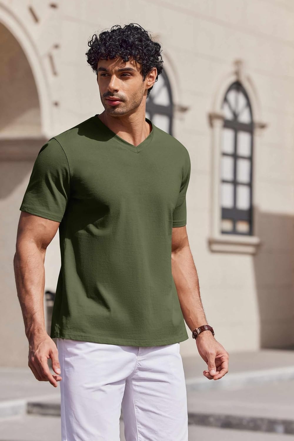 image:imageCOOFANDY Mens V Neck T Shirts 100 Cotton Tee Shirt Plain Short Sleeve Casual ShirtsOlive Green
