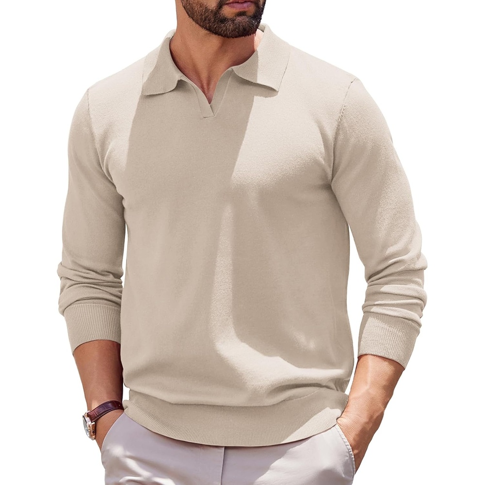 image:imageCOOFANDY Long Sleeve Polo Shirts for Men Knit Polo Sweater Lightweight Ribbed Pullover SweaterIvory