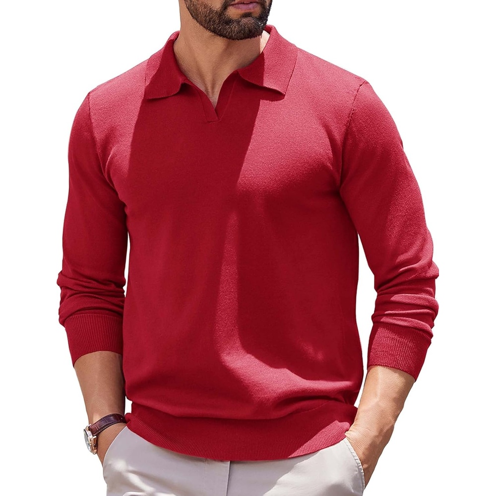 image:imageCOOFANDY Long Sleeve Polo Shirts for Men Knit Polo Sweater Lightweight Ribbed Pullover SweaterRed
