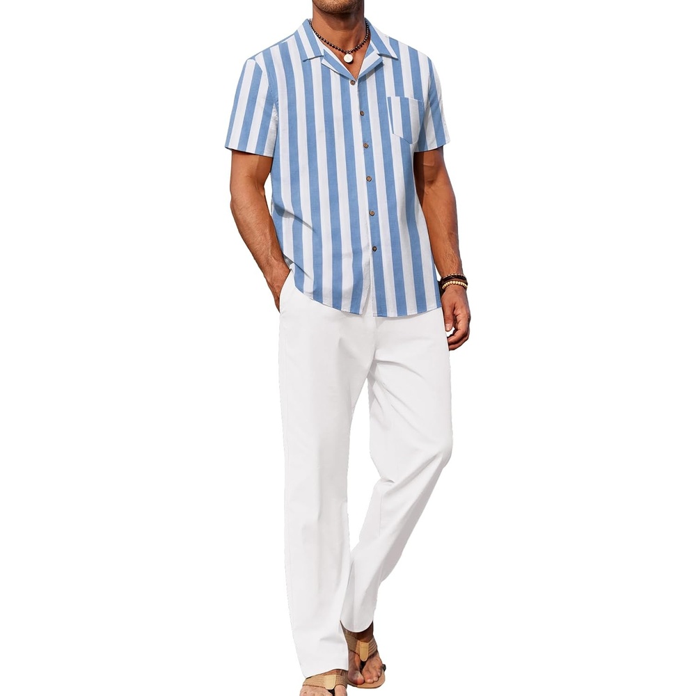 image:imageCOOFANDY Men 2 Piece Linen Outfit Beach Button Down Shirt Casual Loose Pant SetsBlue Stripes ShirtWhite Pants