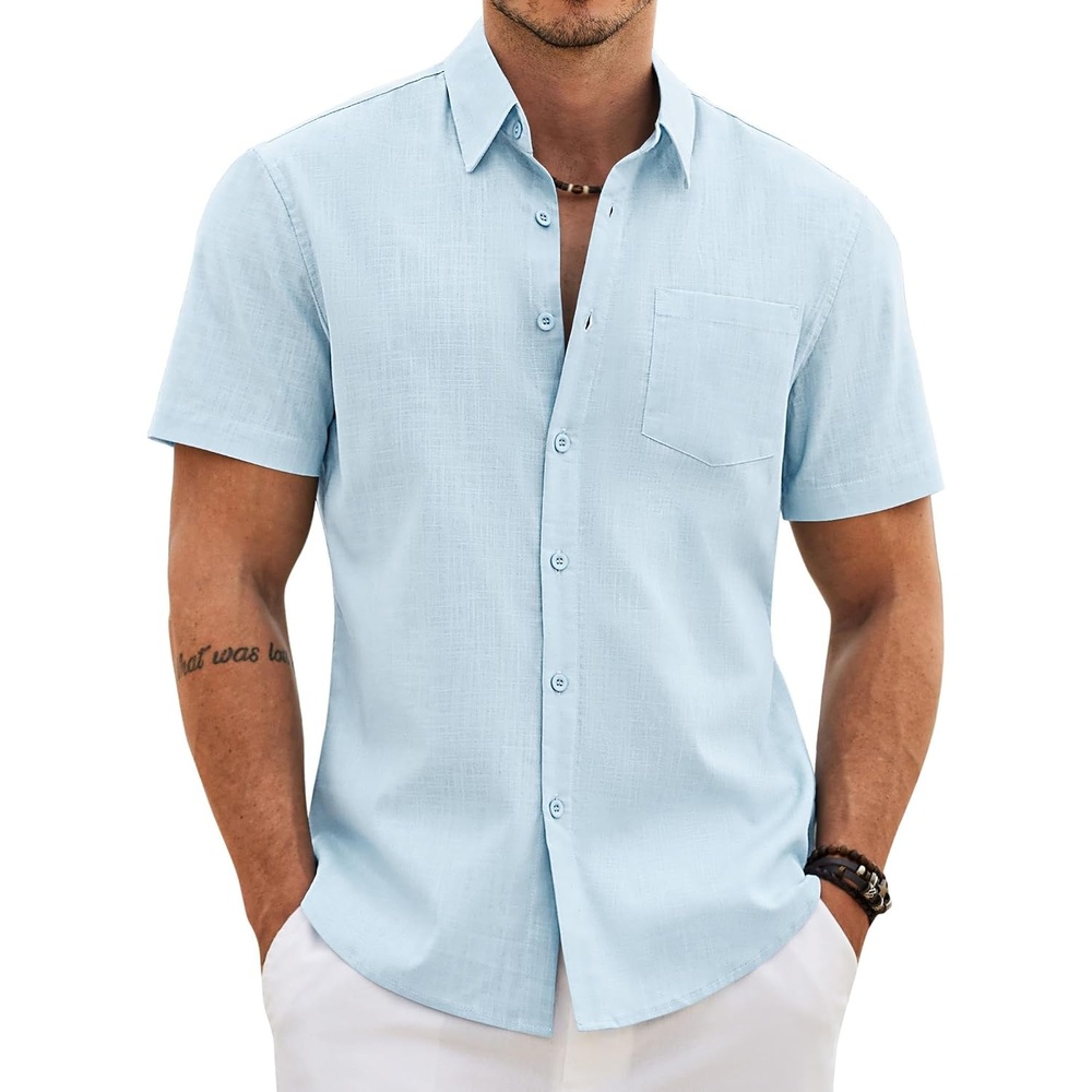 image:imageCOOFANDY Mens Button Down Short Sleeve Shirt Casual Cotton Summer Beach Wedding Linen Shirts with PocketPale Blue