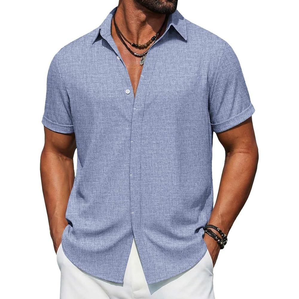 image:imageCOOFANDY Mens Button Down Short Sleeve Shirts Casual Summer Vacation Shirts Linen Beach Wedding ShirtLight Denim Blue