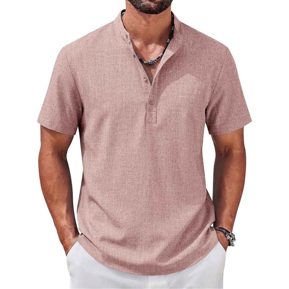 image:imageCOOFANDY Mens Casual Henley Shirt Band Collar Short Sleeve Shirt for Mens Summer Beach TShirts VacationLight Pink