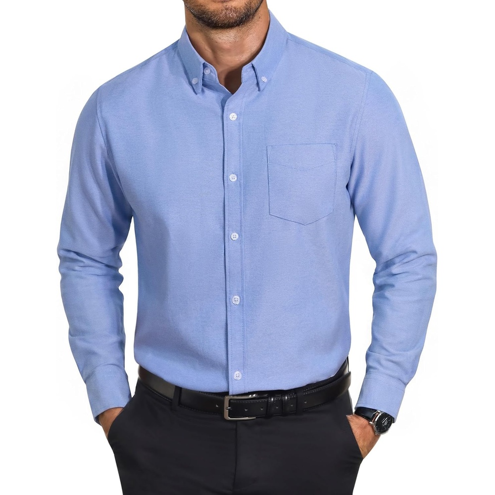 image:imageCOOFANDY Mens Cotton Oxford Shirt Long Sleeve Dress Shirt Button Down Work Casual Shirts with PocketA Blue