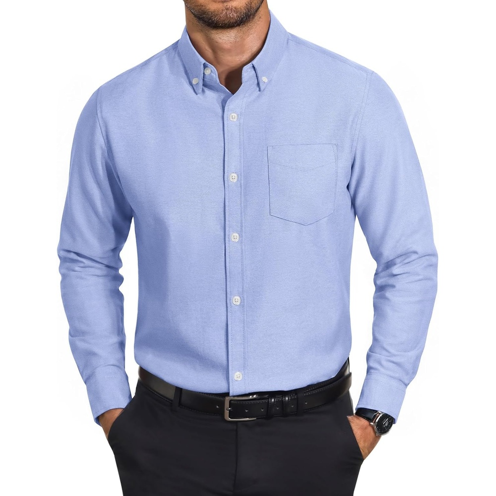 image:imageCOOFANDY Mens Cotton Oxford Shirt Long Sleeve Dress Shirt Button Down Work Casual Shirts with PocketC Light Blue