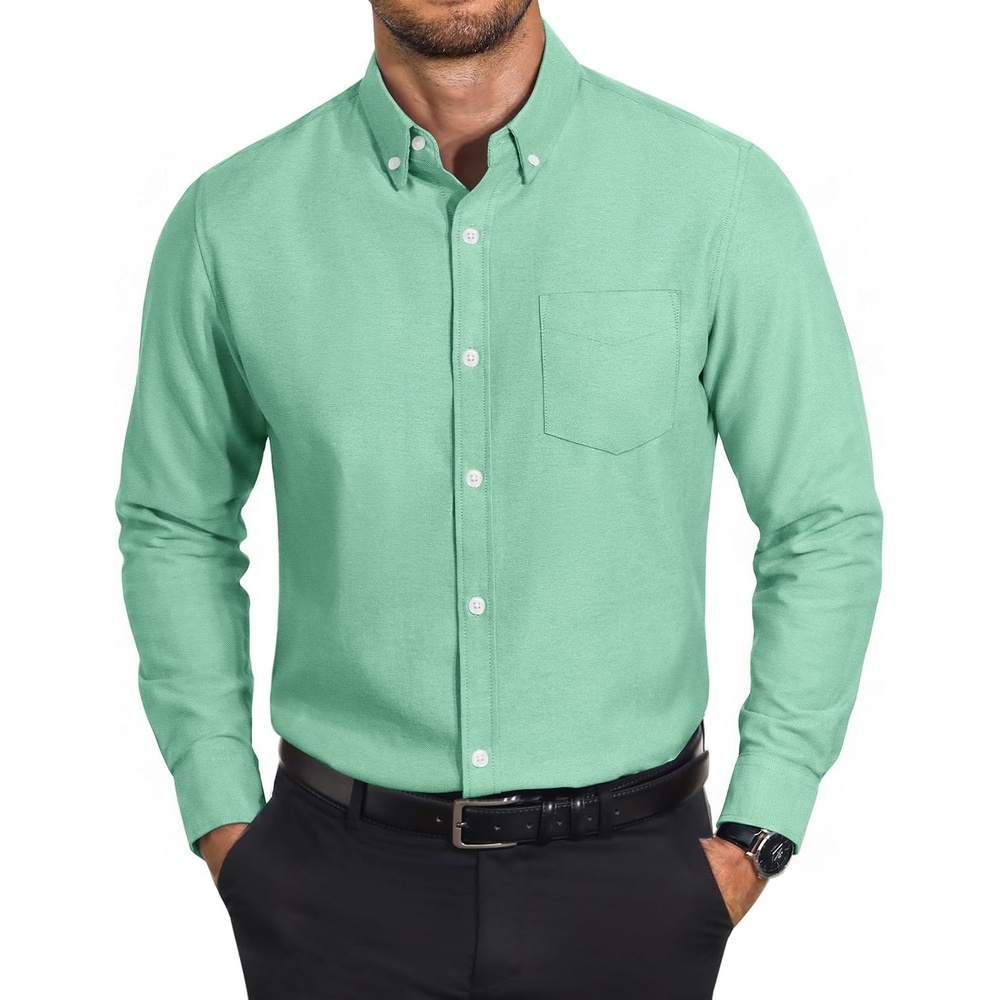 image:imageCOOFANDY Mens Cotton Oxford Shirt Long Sleeve Dress Shirt Button Down Work Casual Shirts with PocketIce Green
