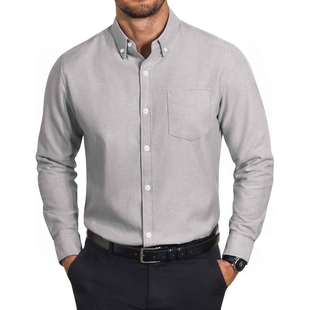 image:imageCOOFANDY Mens Cotton Oxford Shirt Long Sleeve Dress Shirt Button Down Work Casual Shirts with PocketLight Grey