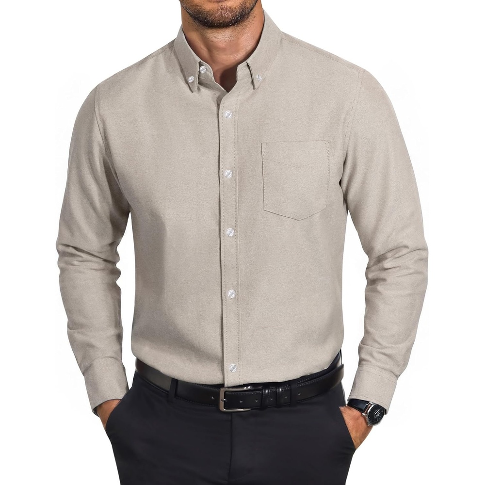 image:imageCOOFANDY Mens Cotton Oxford Shirt Long Sleeve Dress Shirt Button Down Work Casual Shirts with PocketLight Khaki