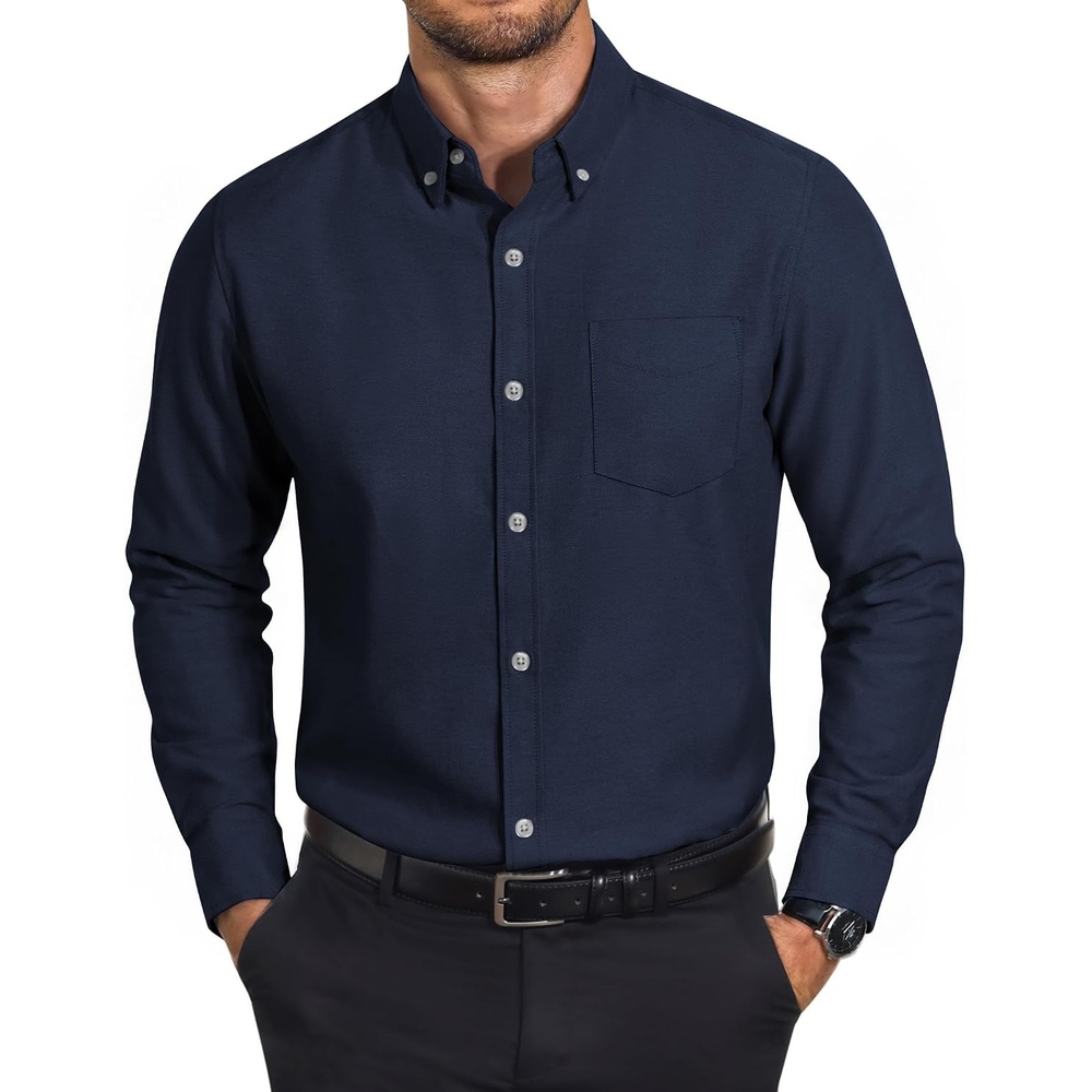 image:imageCOOFANDY Mens Cotton Oxford Shirt Long Sleeve Dress Shirt Button Down Work Casual Shirts with PocketNavy Blue