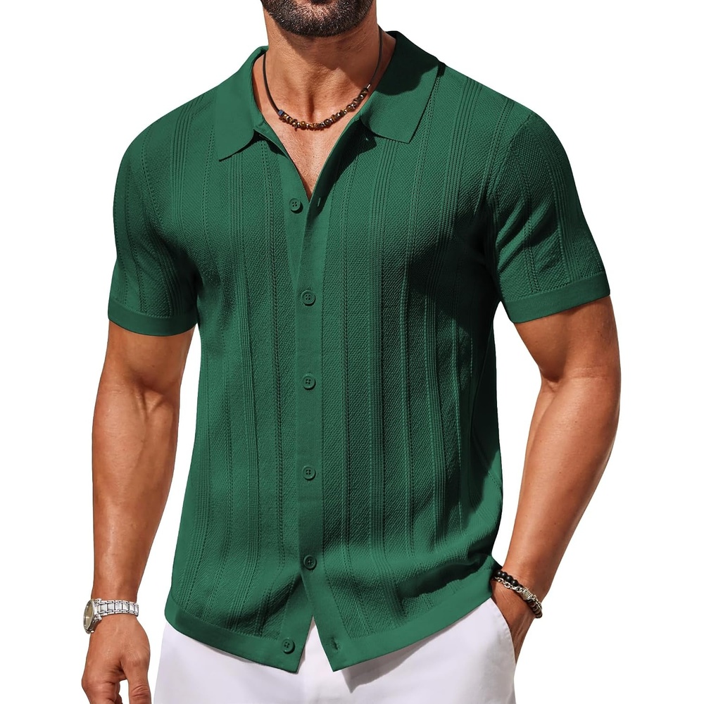 image:imageCOOFANDY Mens Knit Button Down Shirts Short Sleeve Polo Shirt Casual Vacation Summer Beach ShirtsGreen