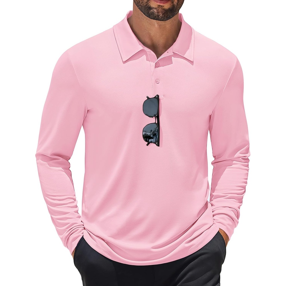 image:imageCOOFANDY Mens Polo Shirt Long Sleeve Golf Shirt Lightweight UPF 50 Sun Protection Quick Dry Moisture Wicking Collared ShirtPink