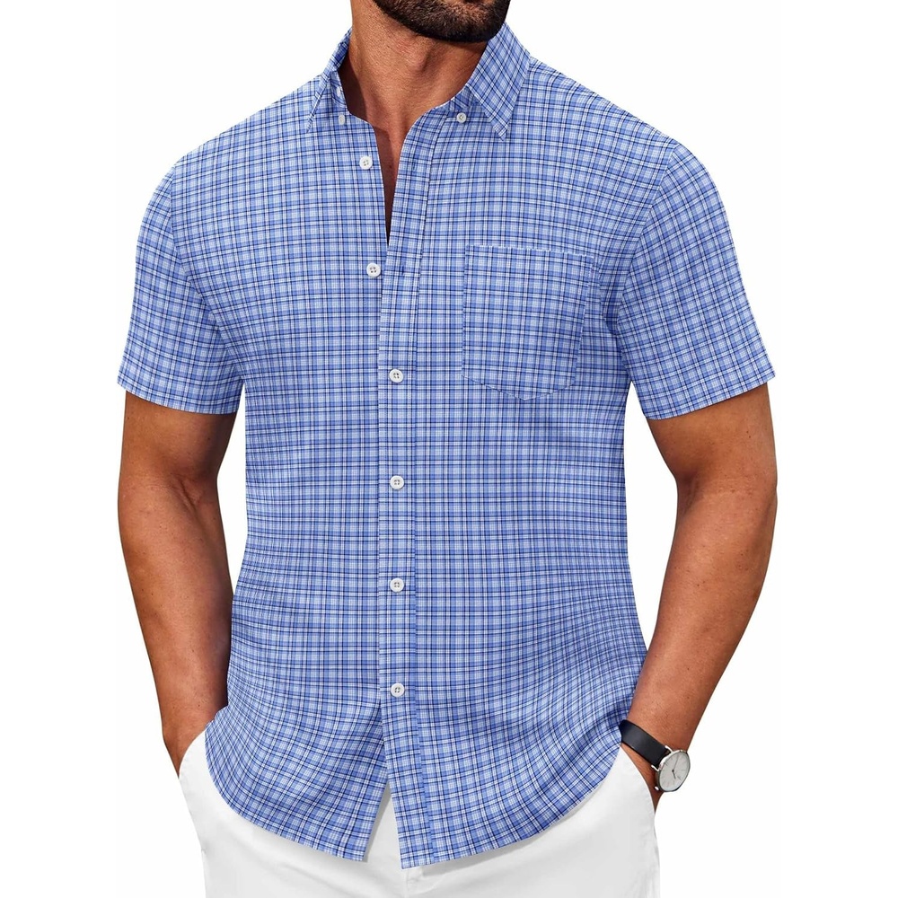 image:imageCOOFANDY Mens Short Sleeve Oxford Shirt Plaid Casual Button Down Shirts Summer Untucked Dress Shirt with Pocket01blue Plaid