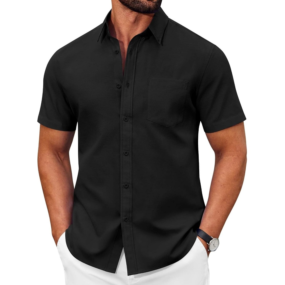 image:imageCOOFANDY Mens Short Sleeve Oxford Shirt Plaid Casual Button Down Shirts Summer Untucked Dress Shirt with PocketBlack