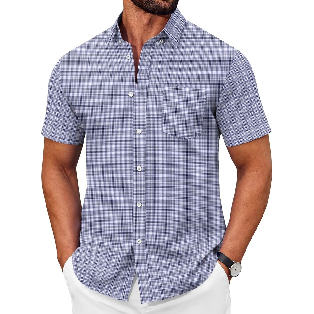 image:imageCOOFANDY Mens Short Sleeve Oxford Shirt Plaid Casual Button Down Shirts Summer Untucked Dress Shirt with PocketGrey White Plaid