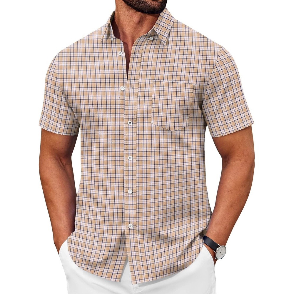 image:imageCOOFANDY Mens Short Sleeve Oxford Shirt Plaid Casual Button Down Shirts Summer Untucked Dress Shirt with PocketKhaki Plaid