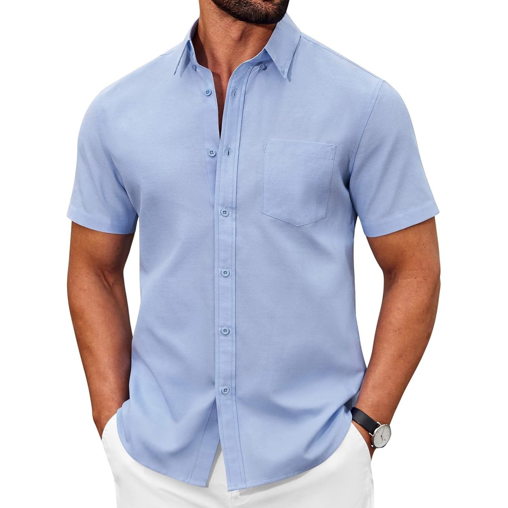 image:imageCOOFANDY Mens Short Sleeve Oxford Shirt Plaid Casual Button Down Shirts Summer Untucked Dress Shirt with PocketLight Blue