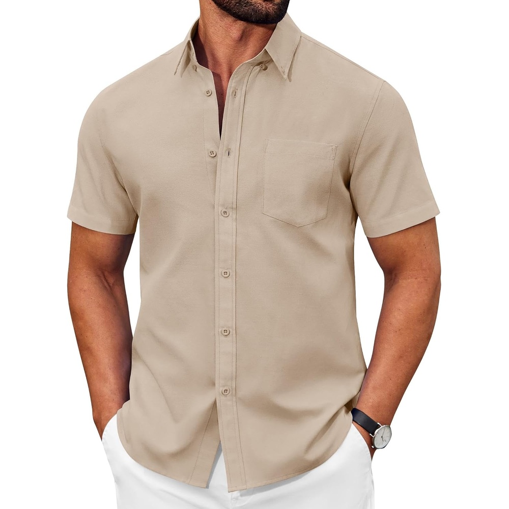 image:imageCOOFANDY Mens Short Sleeve Oxford Shirt Plaid Casual Button Down Shirts Summer Untucked Dress Shirt with PocketLight Khaki