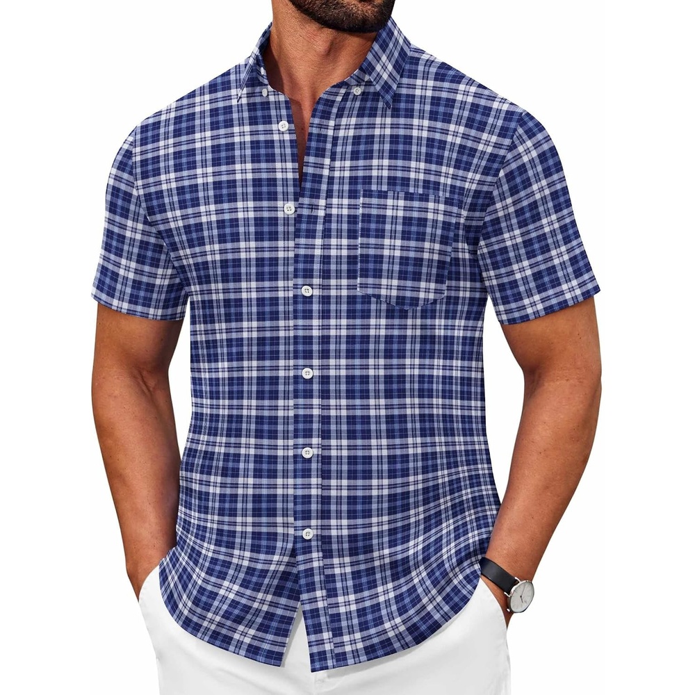 image:imageCOOFANDY Mens Short Sleeve Oxford Shirt Plaid Casual Button Down Shirts Summer Untucked Dress Shirt with PocketNavy Blue Plaid