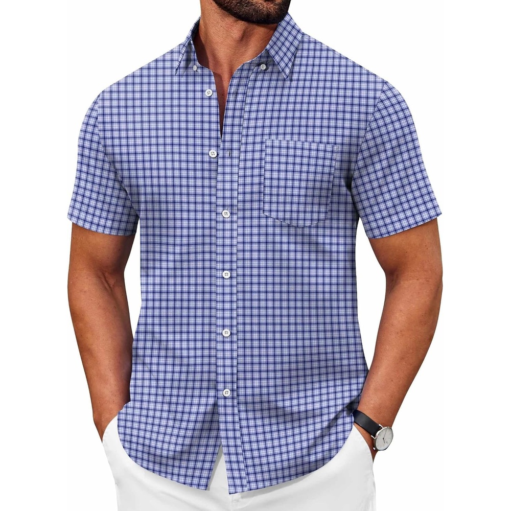 image:imageCOOFANDY Mens Short Sleeve Oxford Shirt Plaid Casual Button Down Shirts Summer Untucked Dress Shirt with PocketNavy Blue White Plaid