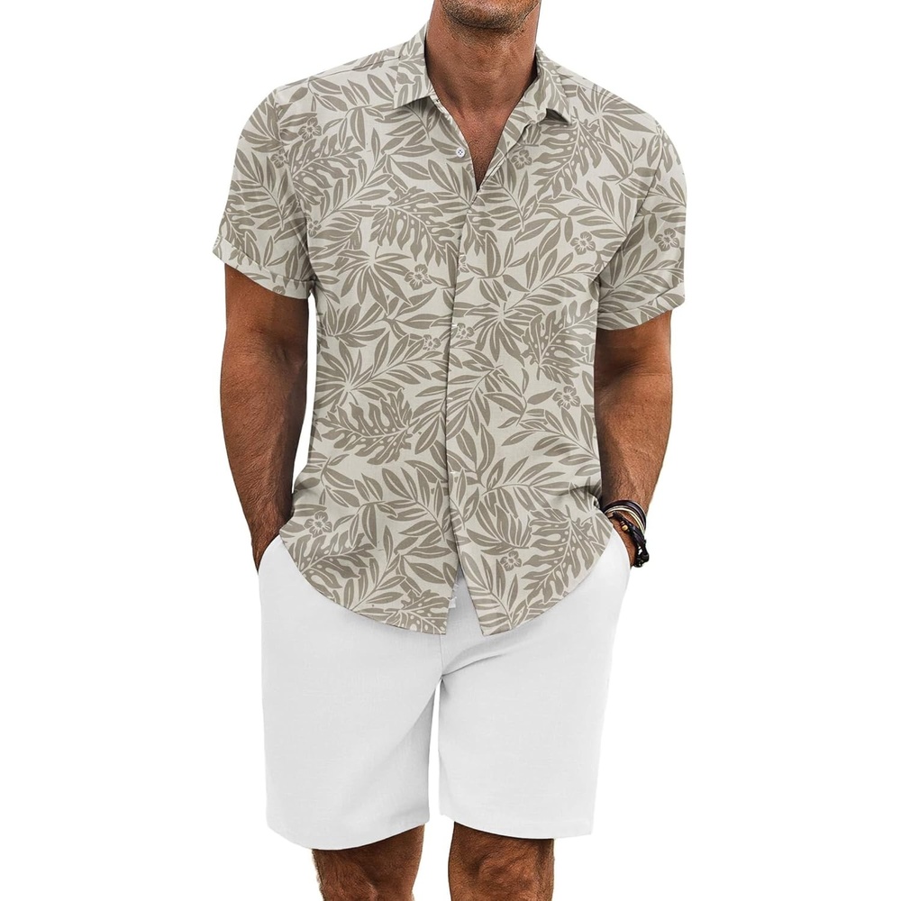 image:imageCOOFANDY Mens Summer Beach Outfits 2 Piece Short Sleeve Shirts and Shorts Vacation Texture Linen Sets for MenBeige Leaf Flower