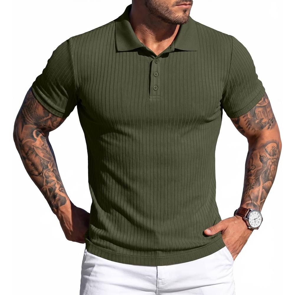 image:imageCOOFANDY Mens Textured Polo Sweater Casual Short Sleeve Sweaters Summer Slim Fit Golf SweaterArmy Green