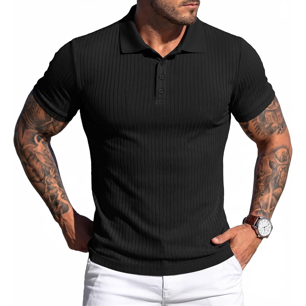 image:imageCOOFANDY Mens Textured Polo Sweater Casual Short Sleeve Sweaters Summer Slim Fit Golf SweaterBlack