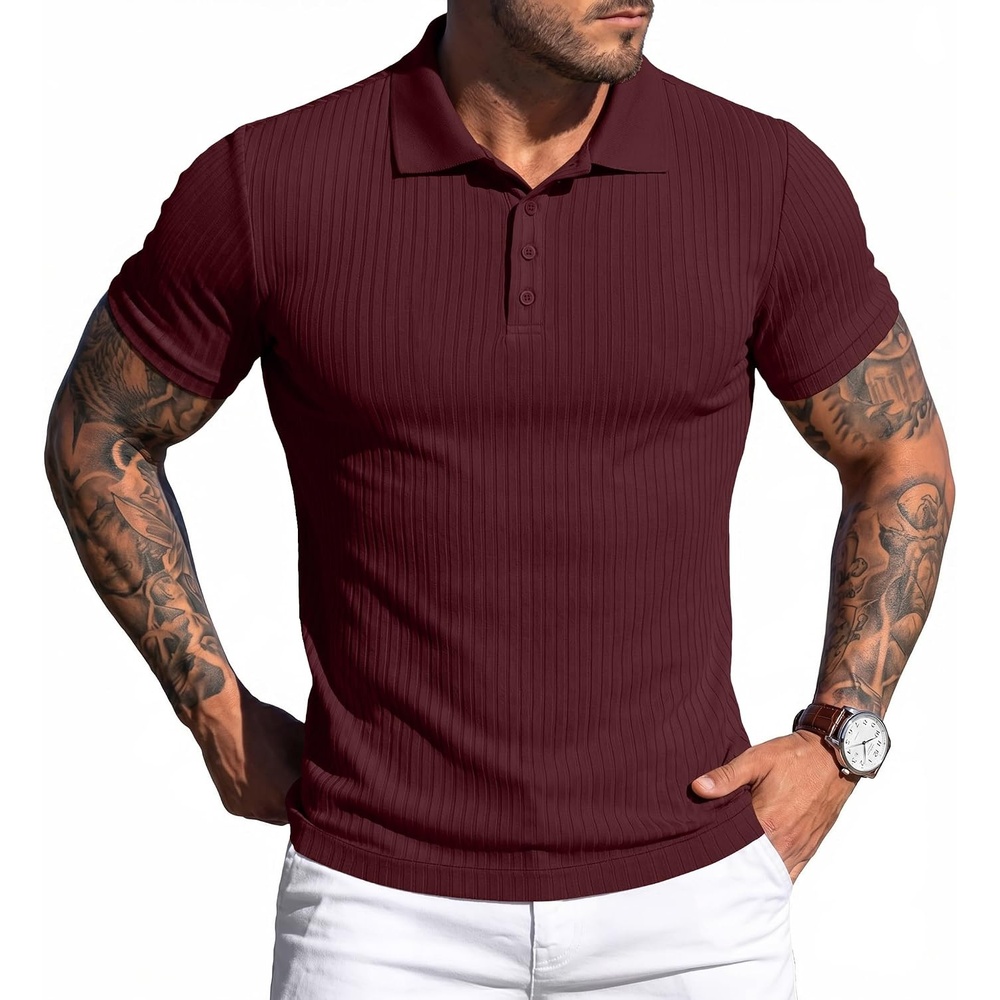 image:imageCOOFANDY Mens Textured Polo Sweater Casual Short Sleeve Sweaters Summer Slim Fit Golf SweaterDeep Red