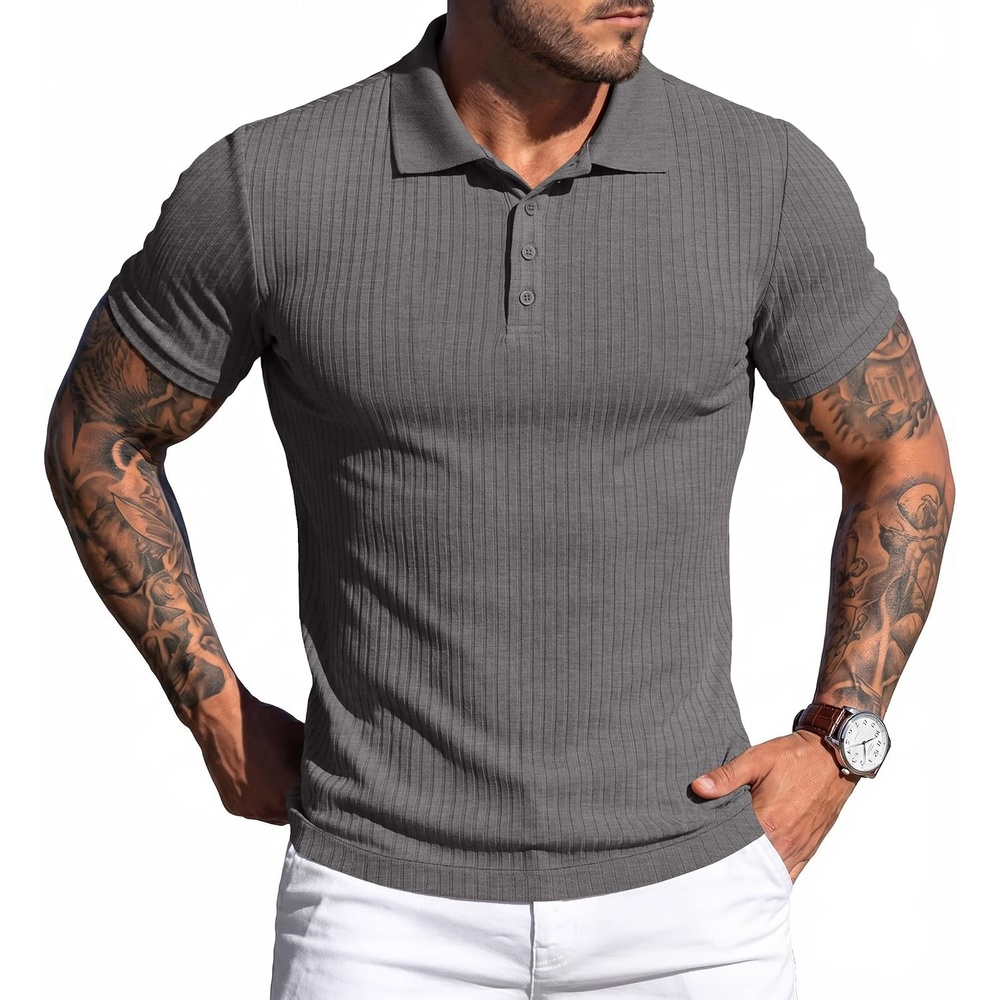 image:imageCOOFANDY Mens Textured Polo Sweater Casual Short Sleeve Sweaters Summer Slim Fit Golf SweaterDrak Grey