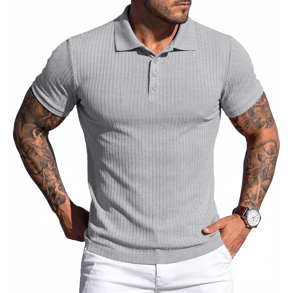 image:imageCOOFANDY Mens Textured Polo Sweater Casual Short Sleeve Sweaters Summer Slim Fit Golf SweaterLight Grey