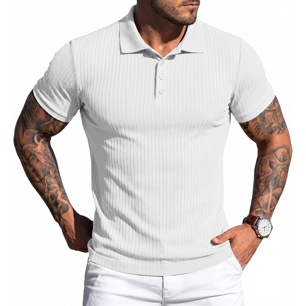 image:imageCOOFANDY Mens Textured Polo Sweater Casual Short Sleeve Sweaters Summer Slim Fit Golf SweaterWhite