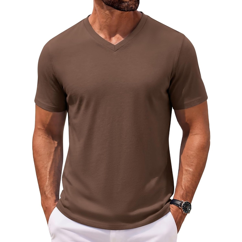 image:imageCOOFANDY Mens V Neck T Shirts 100 Cotton Tee Shirt Plain Short Sleeve Casual ShirtsBrown