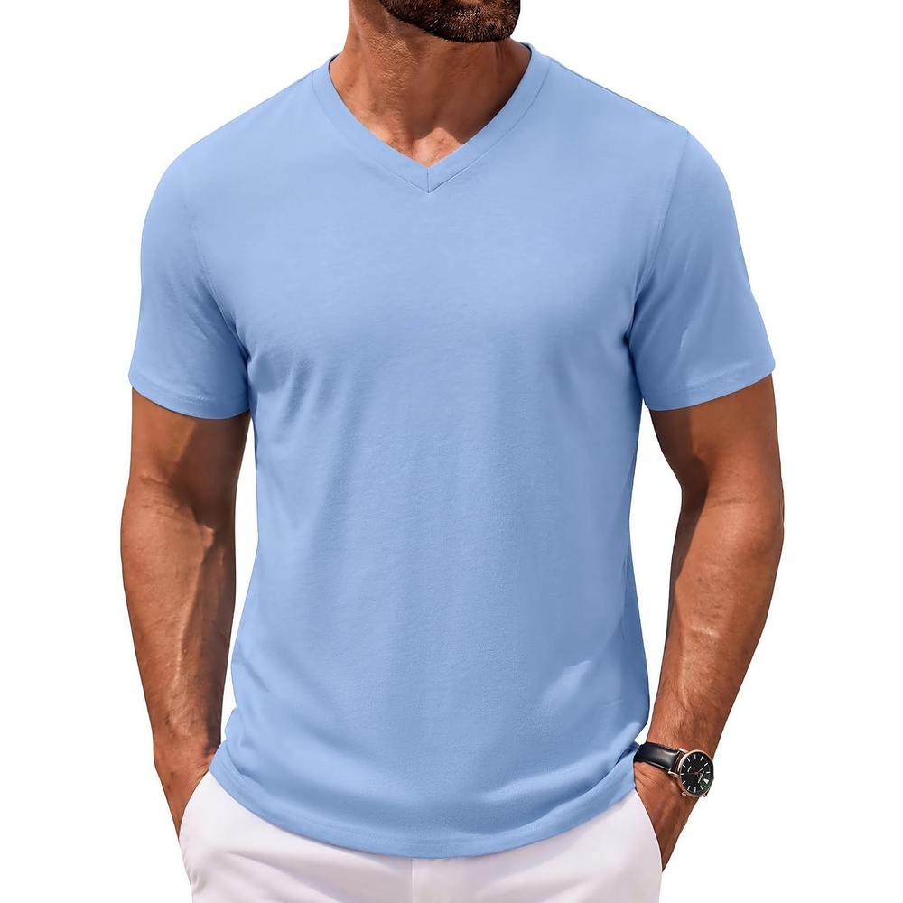 image:imageCOOFANDY Mens V Neck T Shirts 100 Cotton Tee Shirt Plain Short Sleeve Casual ShirtsLight Blue