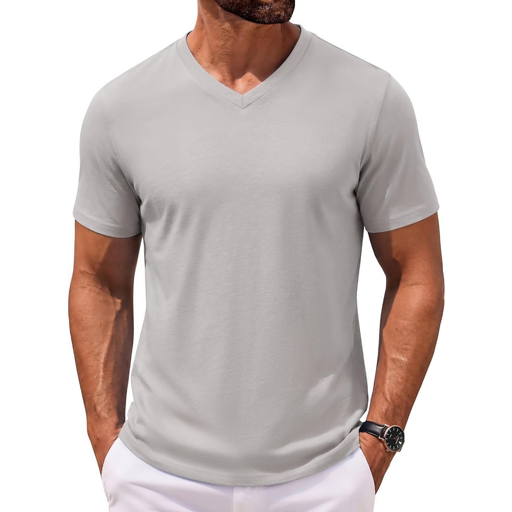 image:imageCOOFANDY Mens V Neck T Shirts 100 Cotton Tee Shirt Plain Short Sleeve Casual ShirtsLight Grey